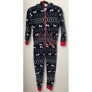 Tipsy Elves One-Piece Youth Large Blue White Reindeer Fair Isle Hooded‎ Pajamas